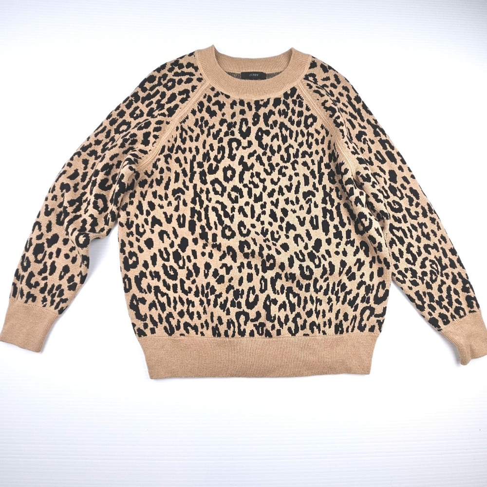 J.Crew Re-Imagined Leopard Print Merino Wool Blend Sweater Tan Black Small AK037